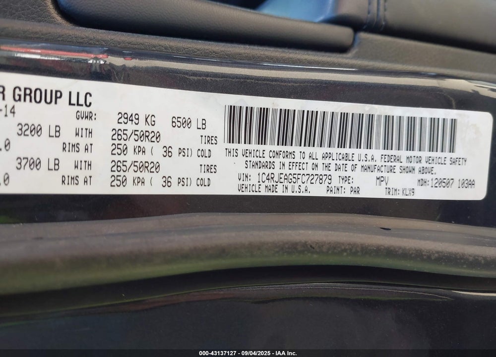 2015 JEEP GRAND CHEROKEE VIN: 1C4RJEAG5FC727879