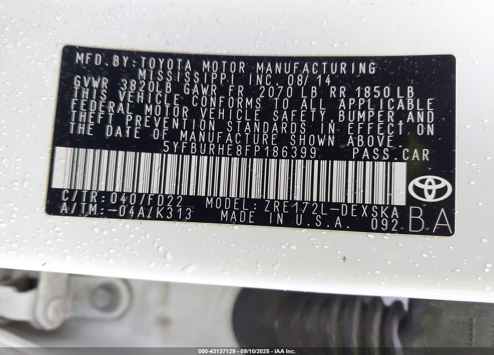2015 TOYOTA COROLLA VIN: 5YFBURHE8FP186399