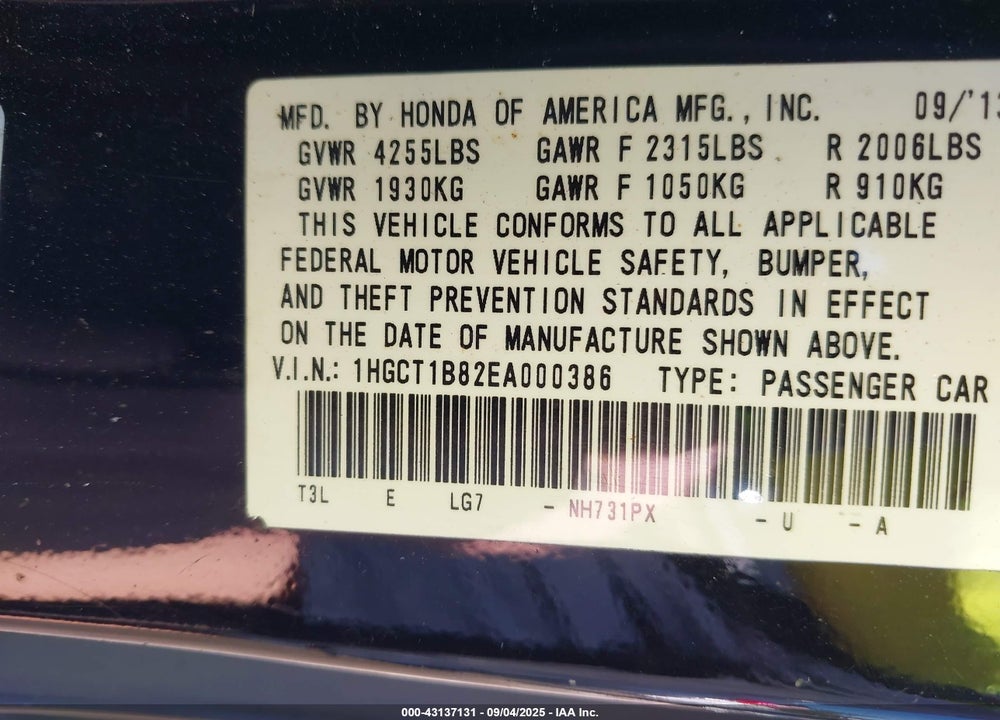 2014 HONDA ACCORD EX-L VIN: 1HGCT1B82EA000386