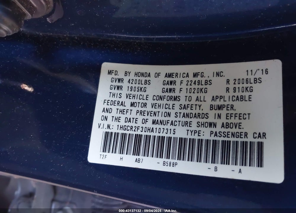 2017 HONDA ACCORD VIN: 1HGCR2F30HA107315
