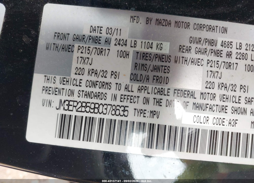 2011 MAZDA CX-7 VIN: JM3ER2B59B0378635