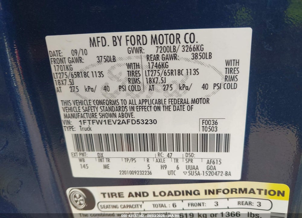 2010 FORD F-150 VIN: 1FTFW1EV2AFD53230