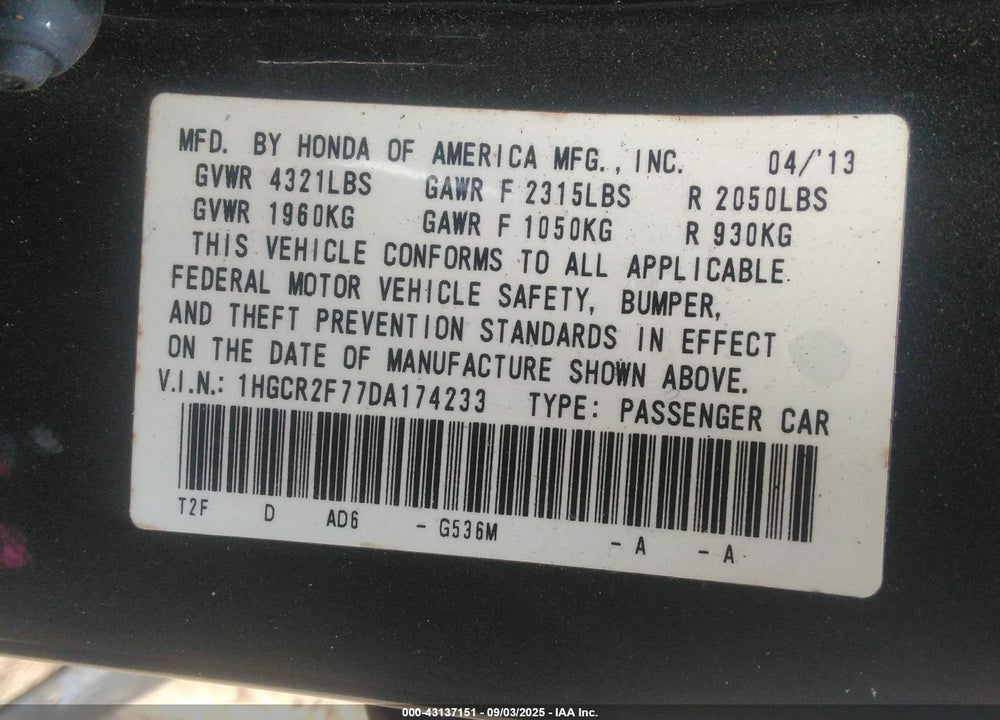 2013 HONDA ACCORD VIN: 1HGCR2F77DA174233