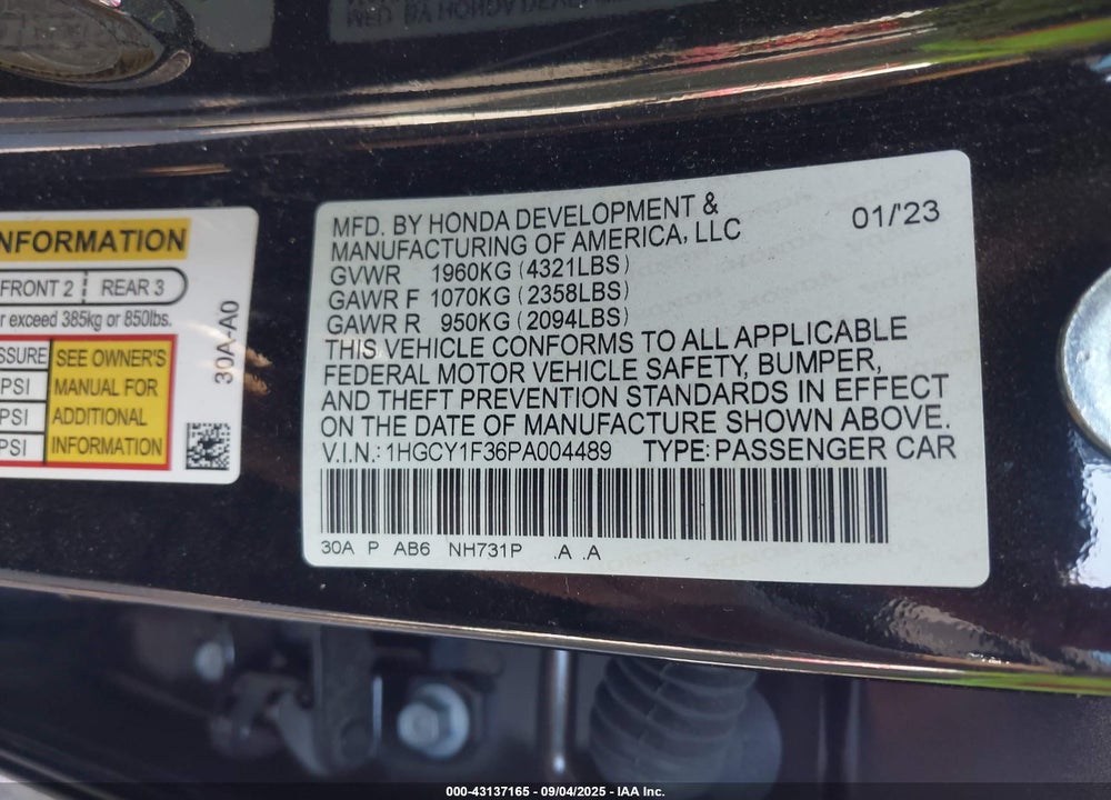 2023 HONDA ACCORD VIN: 1HGCY1F36PA004489