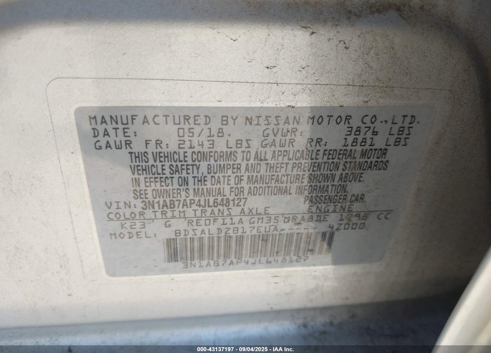 2018 NISSAN SENTRA VIN: 3N1AB7AP4JL648127