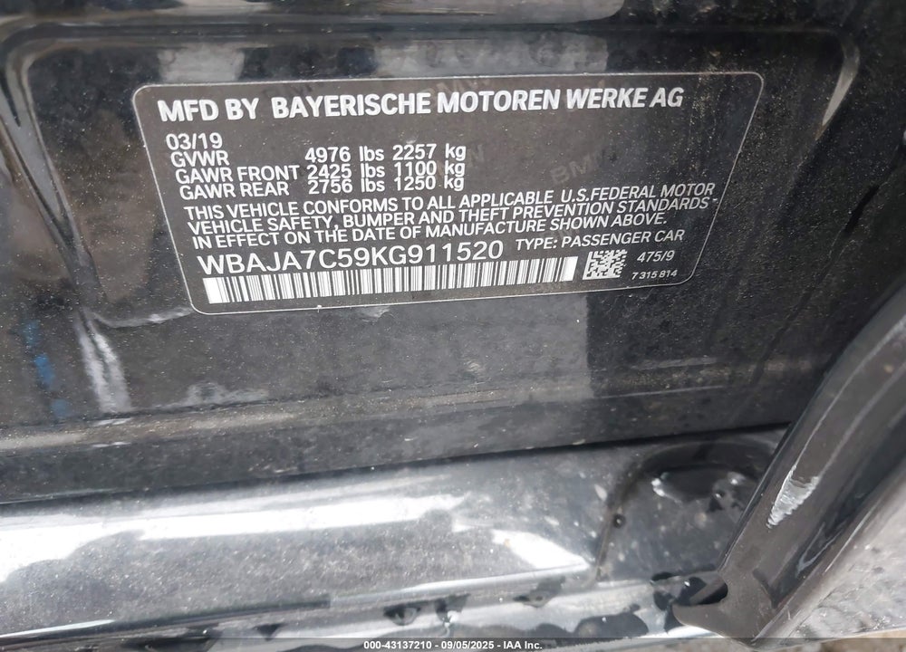 2019 BMW 5 SERIES VIN: WBAJA7C59KG911520