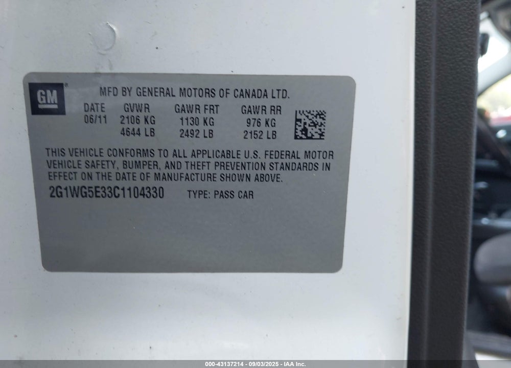 2012 CHEVROLET IMPALA VIN: 2G1WG5E33C1104330