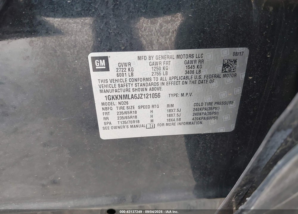 2018 GMC ACADIA VIN: 1GKKNMLA6JZ121056