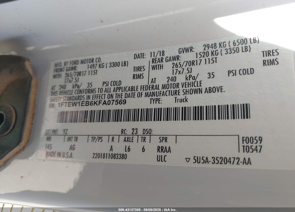 2019 FORD F-150 XL VIN: 1FTEW1EB6KFA07569