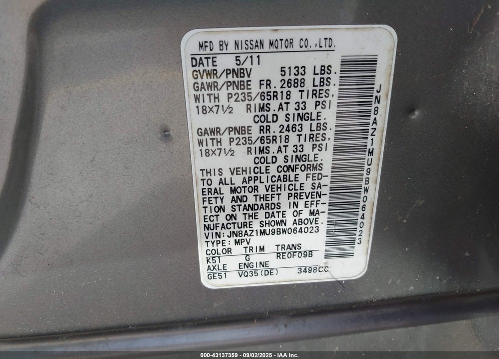 2011 NISSAN MURANO VIN: JN8AZ1MU9BW064023