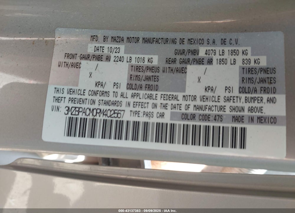 2024 MAZDA 3 VIN: 3MZBPACM0RM402567
