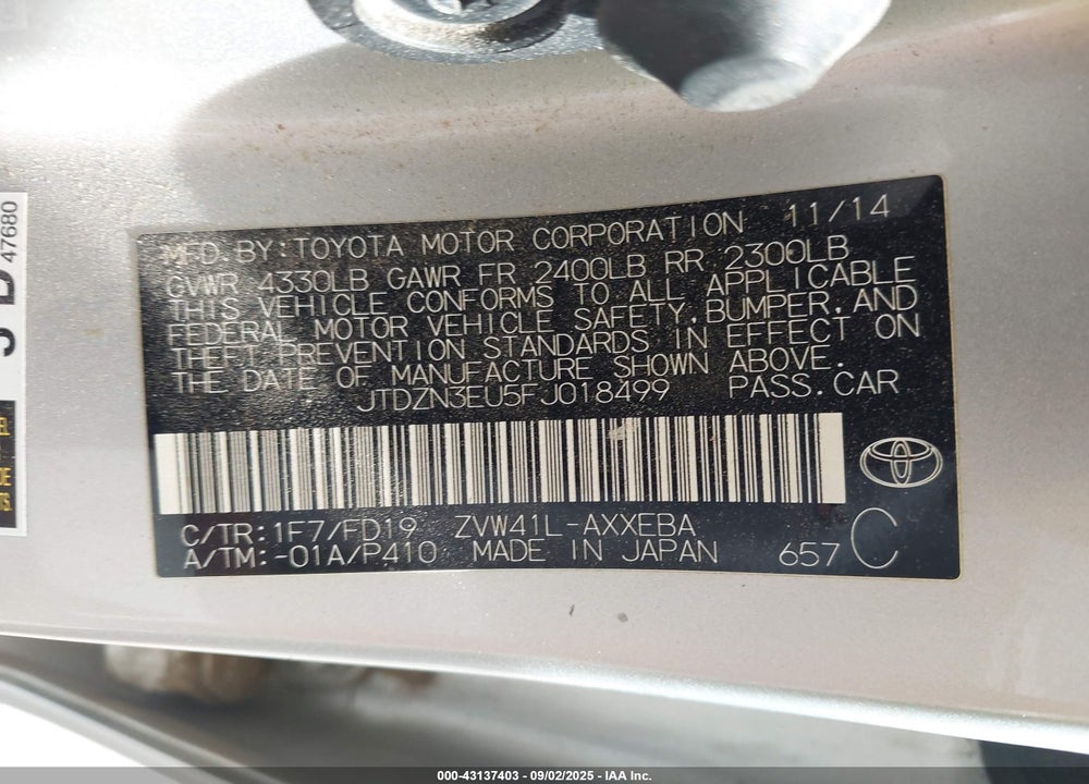 2015 TOYOTA PRIUS V VIN: JTDZN3EU5FJ018499