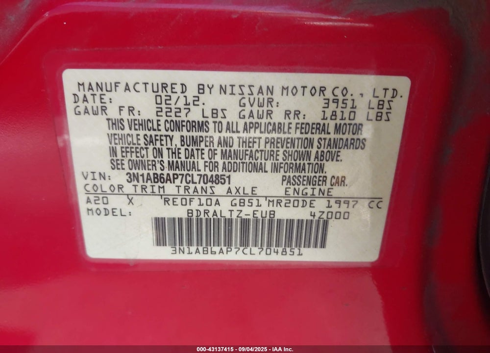 2012 NISSAN SENTRA VIN: 3N1AB6AP7CL704851