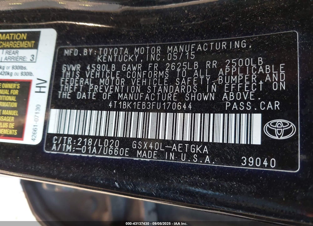 2015 TOYOTA AVALON VIN: 4T1BK1EB3FU170644
