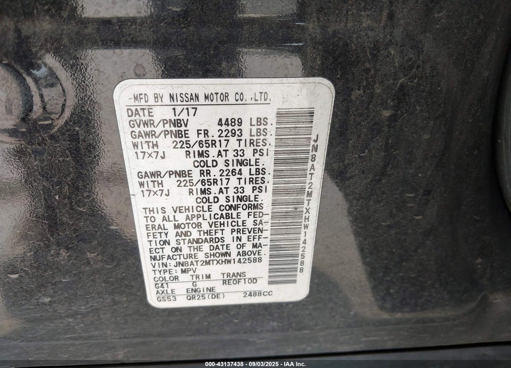 2017 NISSAN ROGUE SV VIN: JN8AT2MTXHW142588