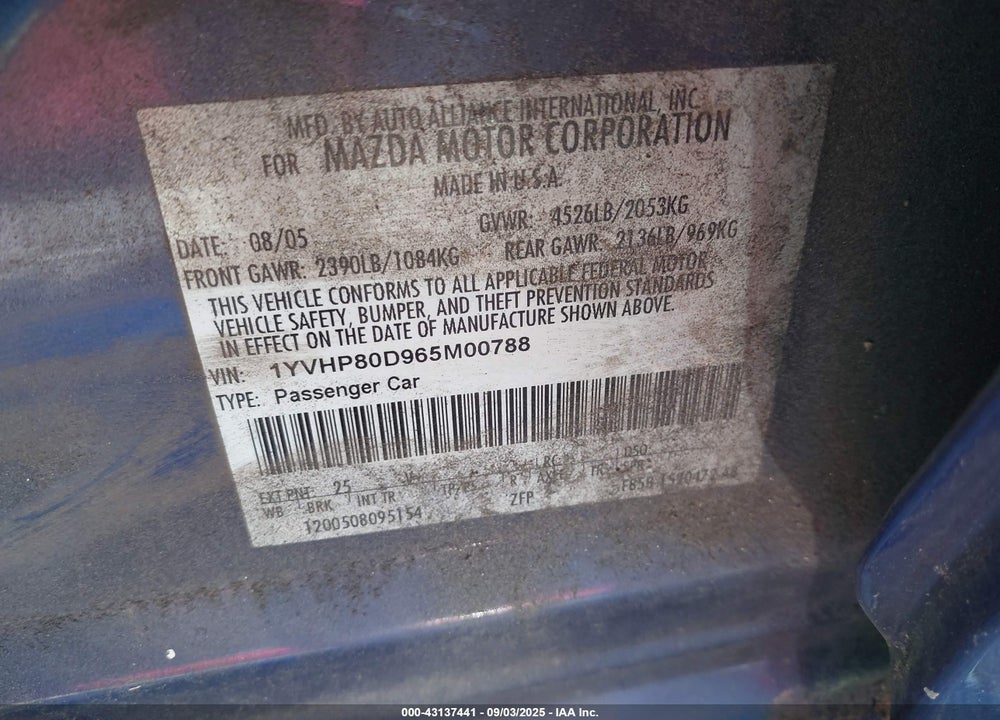 2006 MAZDA 6 VIN: 1YVHP80D965M00788