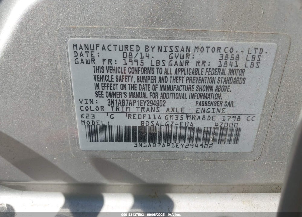 2014 NISSAN SENTRA VIN: 3N1AB7AP1EY294902