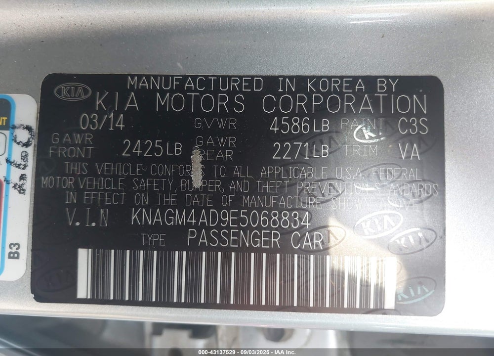 2014 KIA OPTIMA HYBRID VIN: KNAGM4AD9E5068834