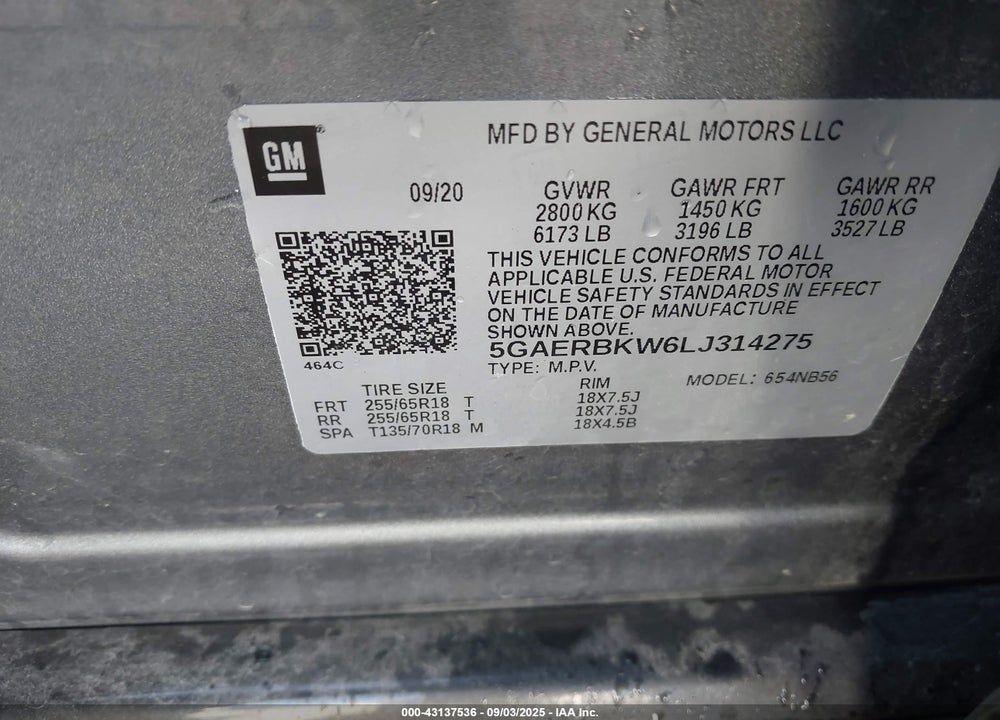 2020 BUICK ENCLAVE VIN: 5GAERBKW6LJ314275