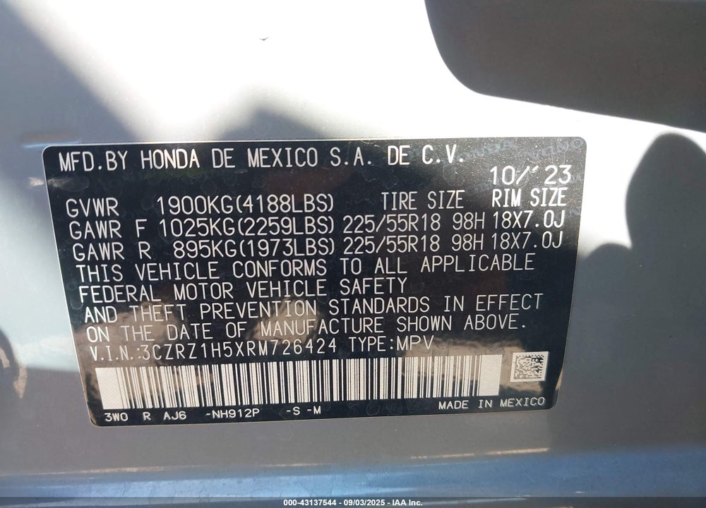 2024 HONDA HR-V 2WD SPORT/2WD SPORT W/O BSI VIN: 3CZRZ1H5XRM726424