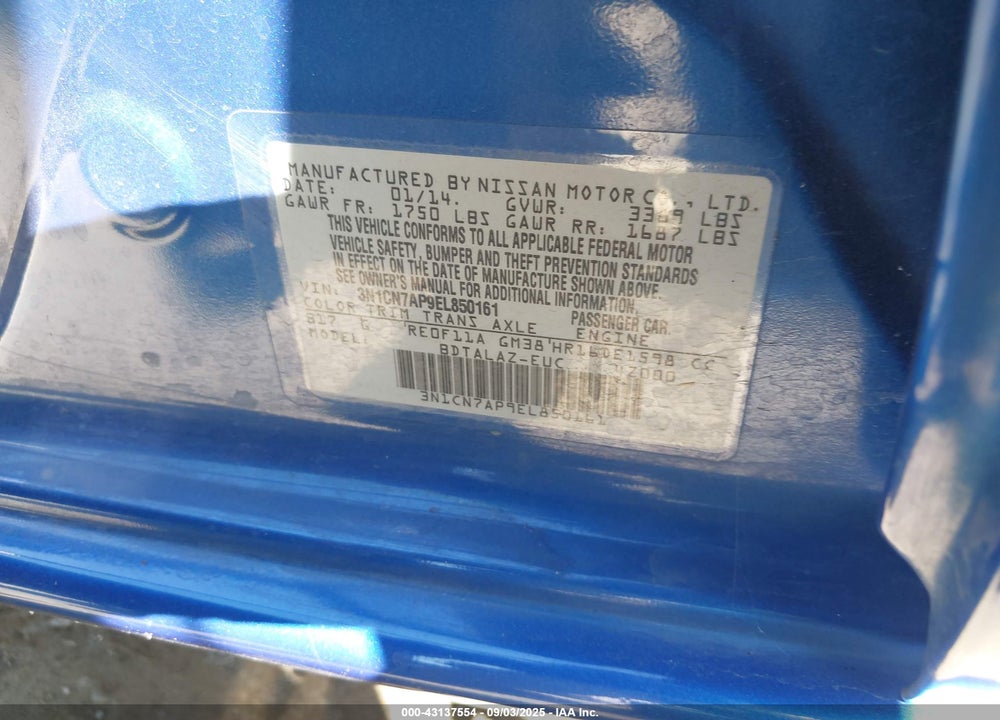 2014 NISSAN VERSA VIN: 3N1CN7AP9EL850161