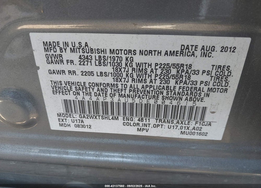2013 MITSUBISHI OUTLANDER SPORT VIN: 4A4AP3AU5DE004615