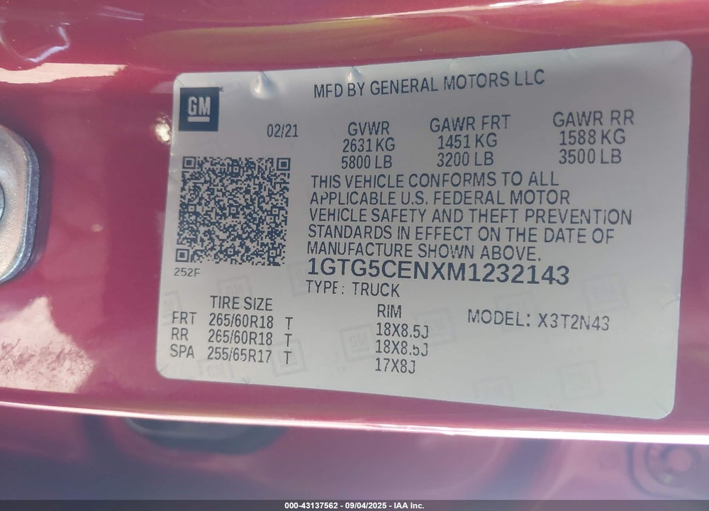 2021 GMC CANYON 2WD SHORT BOX ELEVATION VIN: 1GTG5CENXM1232143