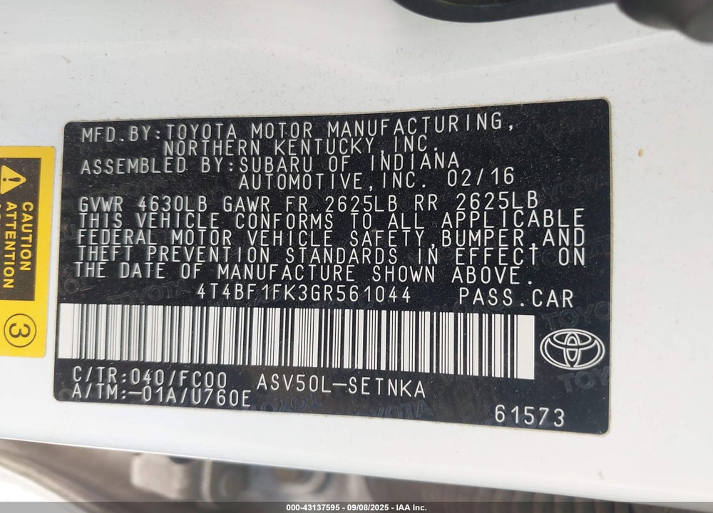 2016 TOYOTA CAMRY LE VIN: 4T4BF1FK3GR561044