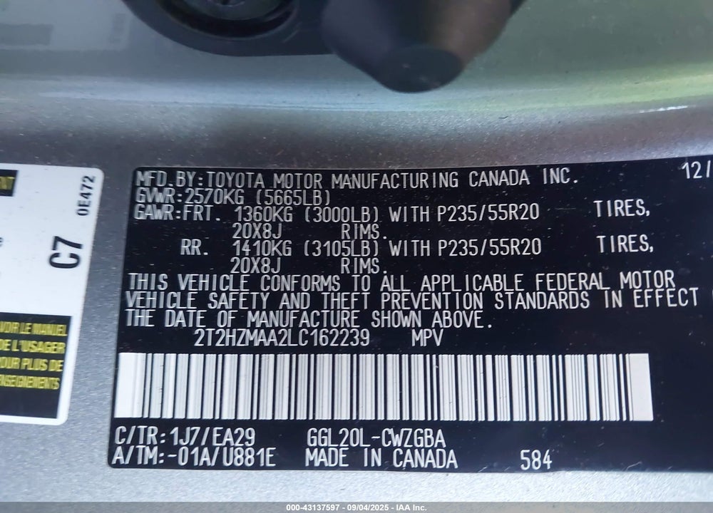 2020 LEXUS RX 350 VIN: 2T2HZMAA2LC162239