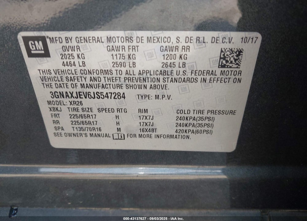 2018 CHEVROLET EQUINOX VIN: 3GNAXJEV6JS547284