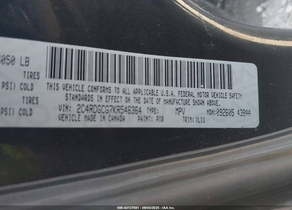 2019 DODGE GRAND CARAVAN SXT VIN: 2C4RDGCG7KR546364