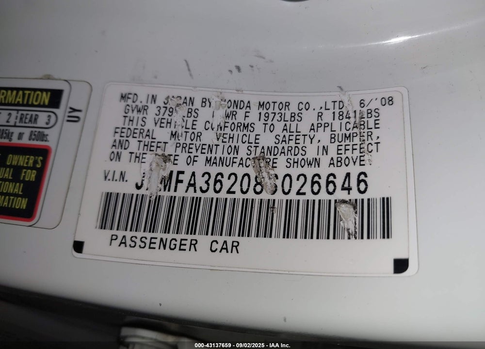 2008 HONDA CIVIC HYBRID VIN: JHMFA36208S026646