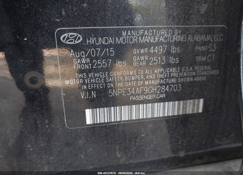 2016 HYUNDAI SONATA VIN: 5NPE34AF9GH284703