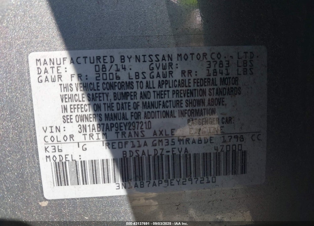 2014 NISSAN SENTRA VIN: 3N1AB7AP9EY297210