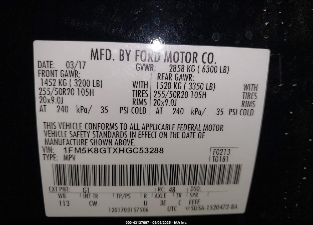2017 FORD EXPLORER SPORT VIN: 1FM5K8GTXHGC53288