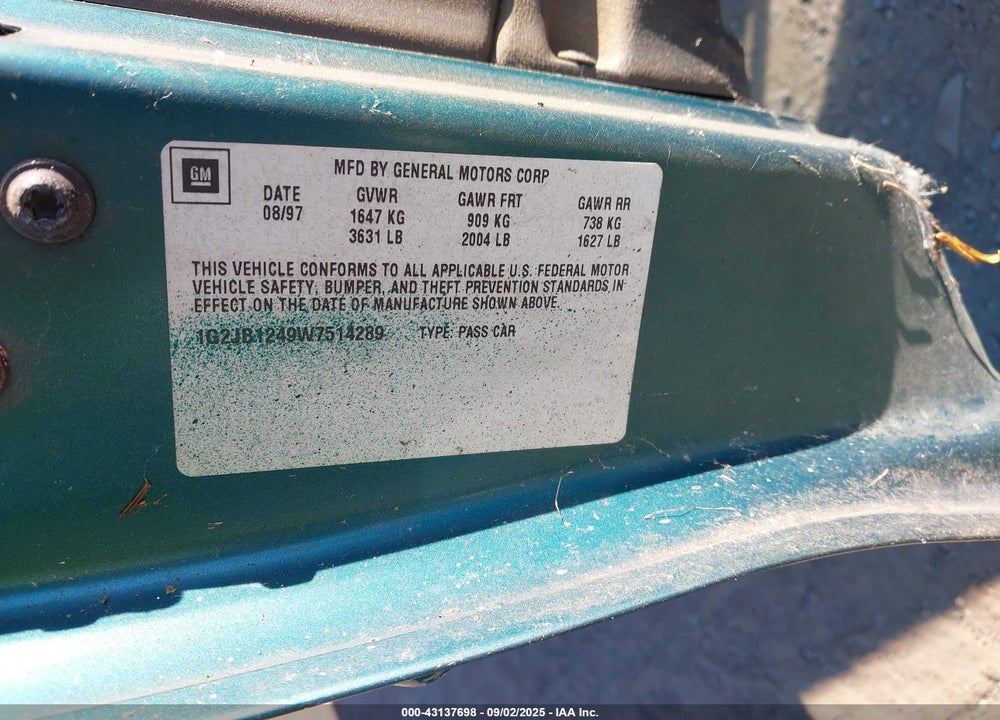 1998 PONTIAC SUNFIRE VIN: 1G2JB1249W7514289