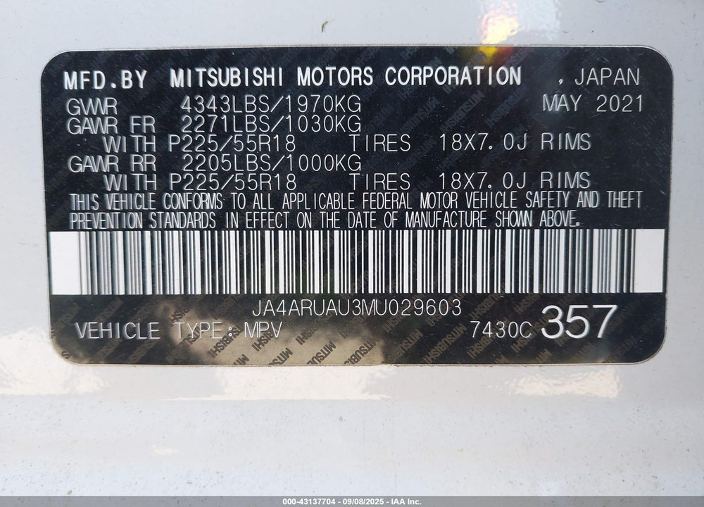 2021 MITSUBISHI OUTLANDER SPORT VIN: JA4ARUAU3MU029603