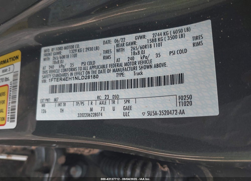 2022 FORD RANGER VIN: 1FTER4EH1NLD28180