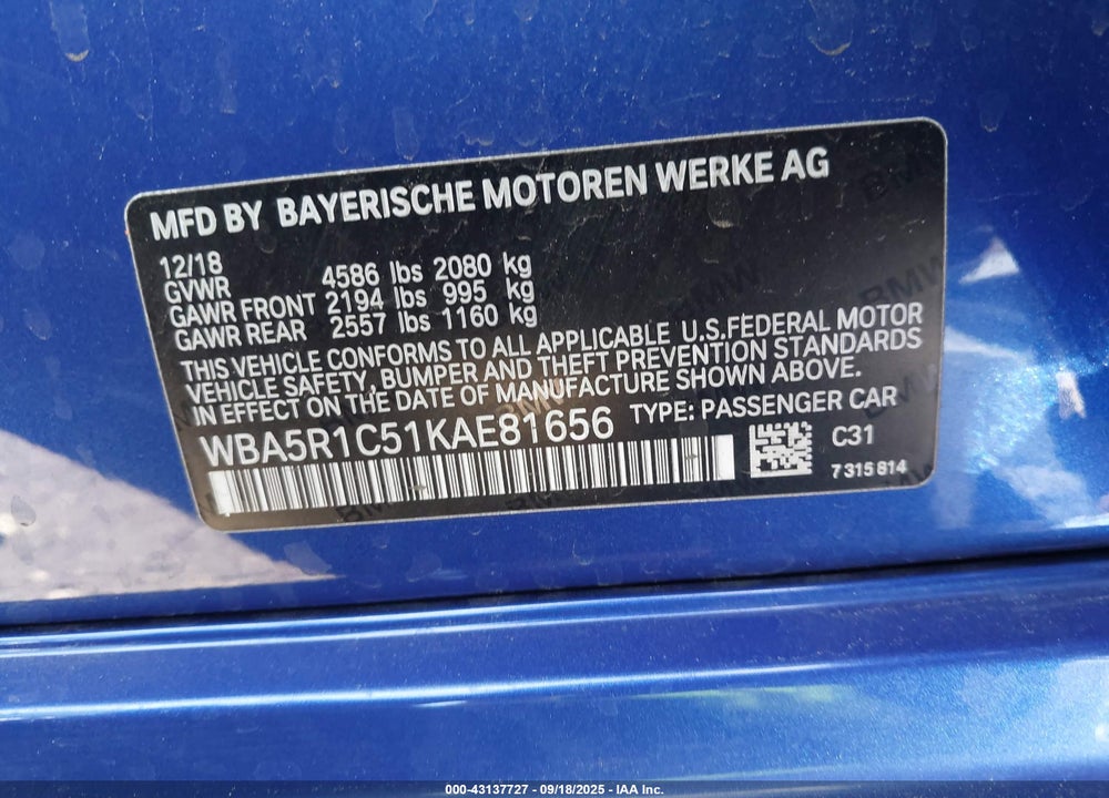 2019 BMW 3 SERIES VIN: WBA5R1C51KAE81656
