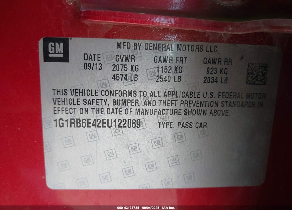 2014 CHEVROLET VOLT VIN: 1G1RB6E42EU122089