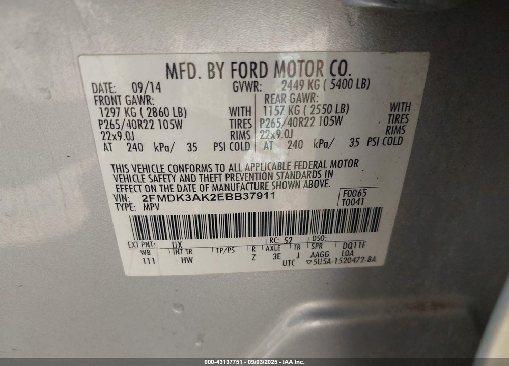 2014 FORD EDGE VIN: 2FMDK3AK2EBB37911