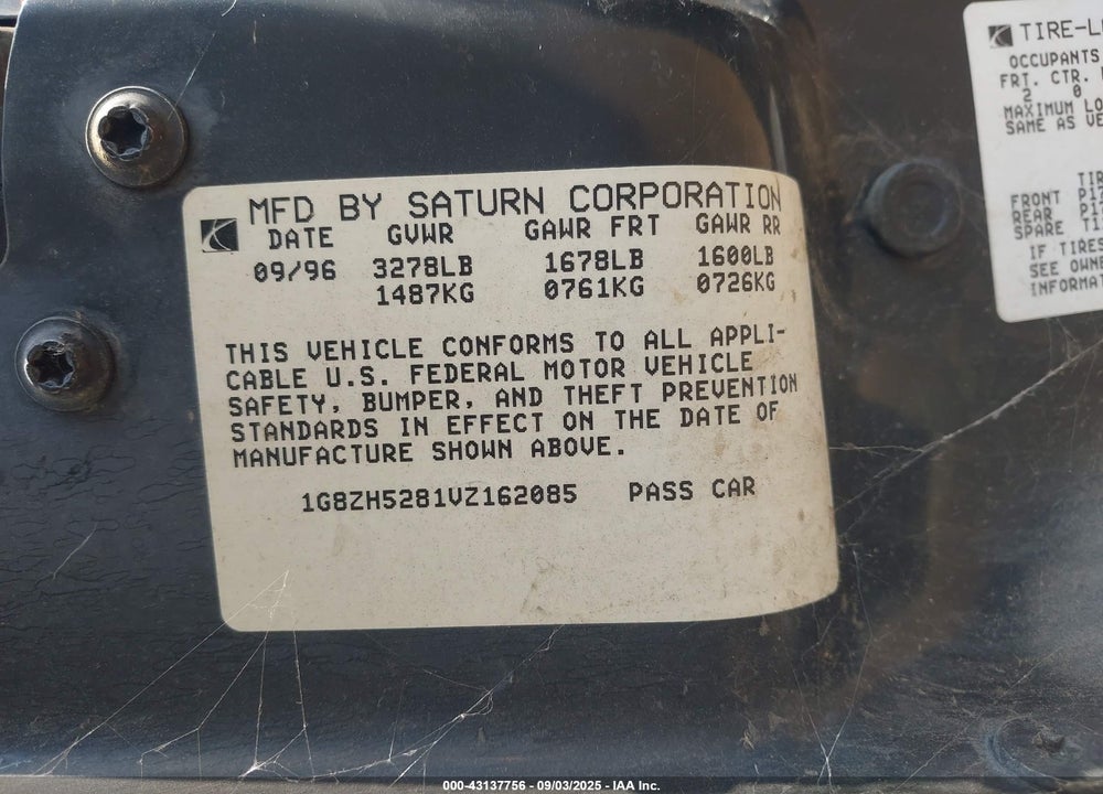 1997 SATURN SL SL1 VIN: 1G8ZH5281VZ162085