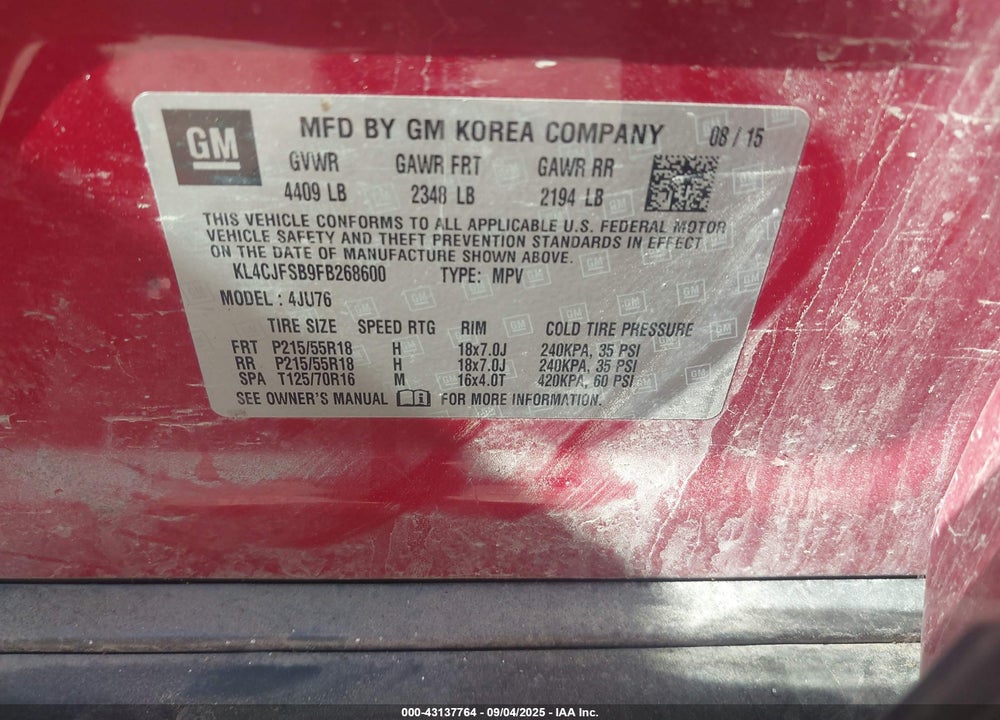 2015 BUICK ENCORE VIN: KL4CJFSB9FB268600