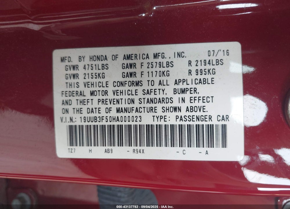 2017 ACURA TLX VIN: 19UUB3F50HA000023