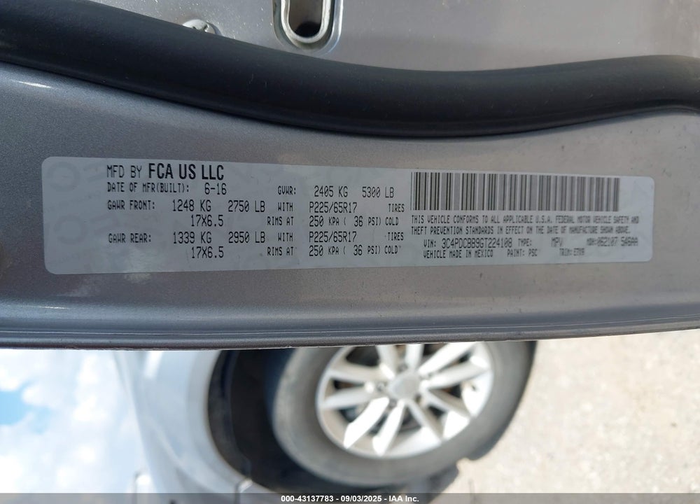 2016 DODGE JOURNEY VIN: 3C4PDCBB9GT224108