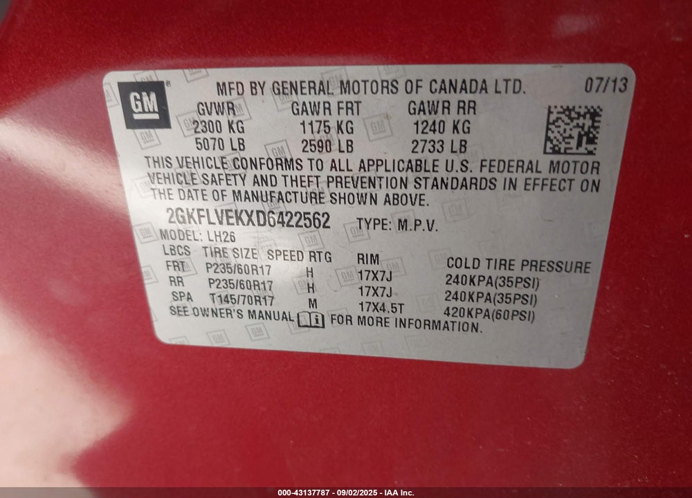 2013 GMC TERRAIN VIN: 2GKFLVEKXD6422562