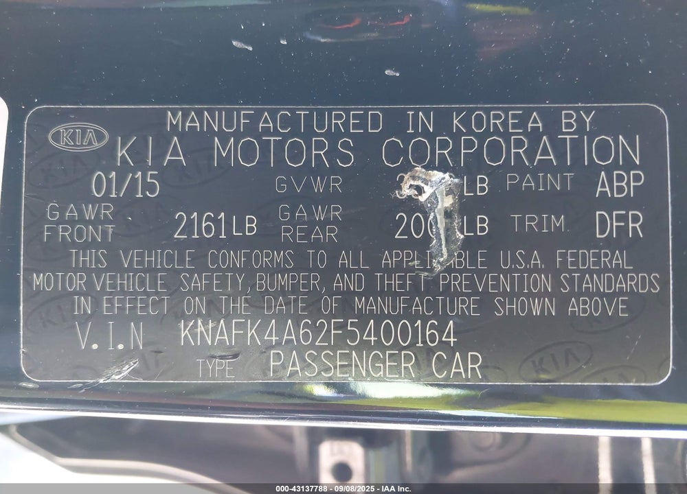 2015 KIA FORTE VIN: KNAFK4A62F5400164