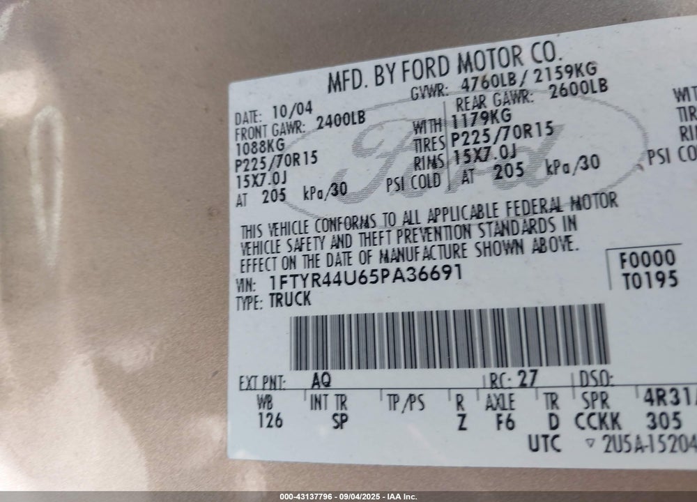 2005 FORD RANGER EDGE/STX/XLT VIN: 1FTYR44U65PA36691