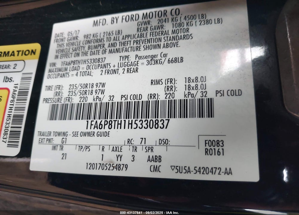 2017 FORD MUSTANG VIN: 1FA6P8TH1H5330837
