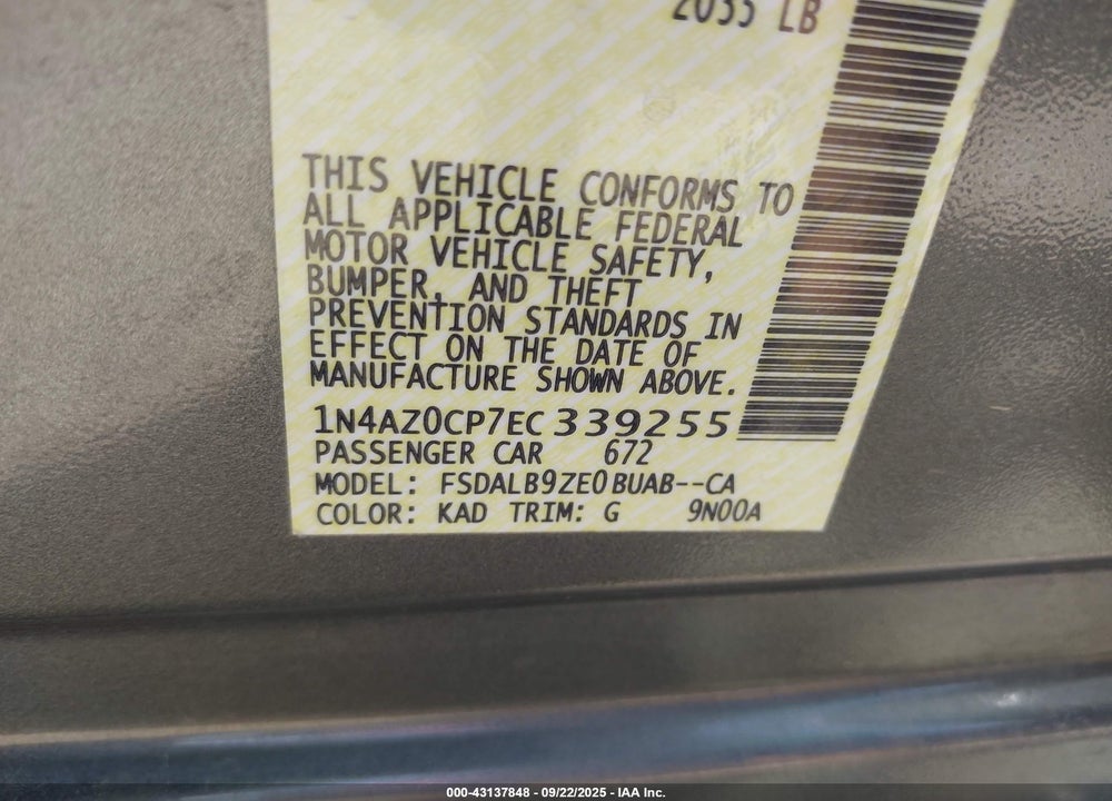 2014 NISSAN LEAF VIN: 1N4AZ0CP7EC339255
